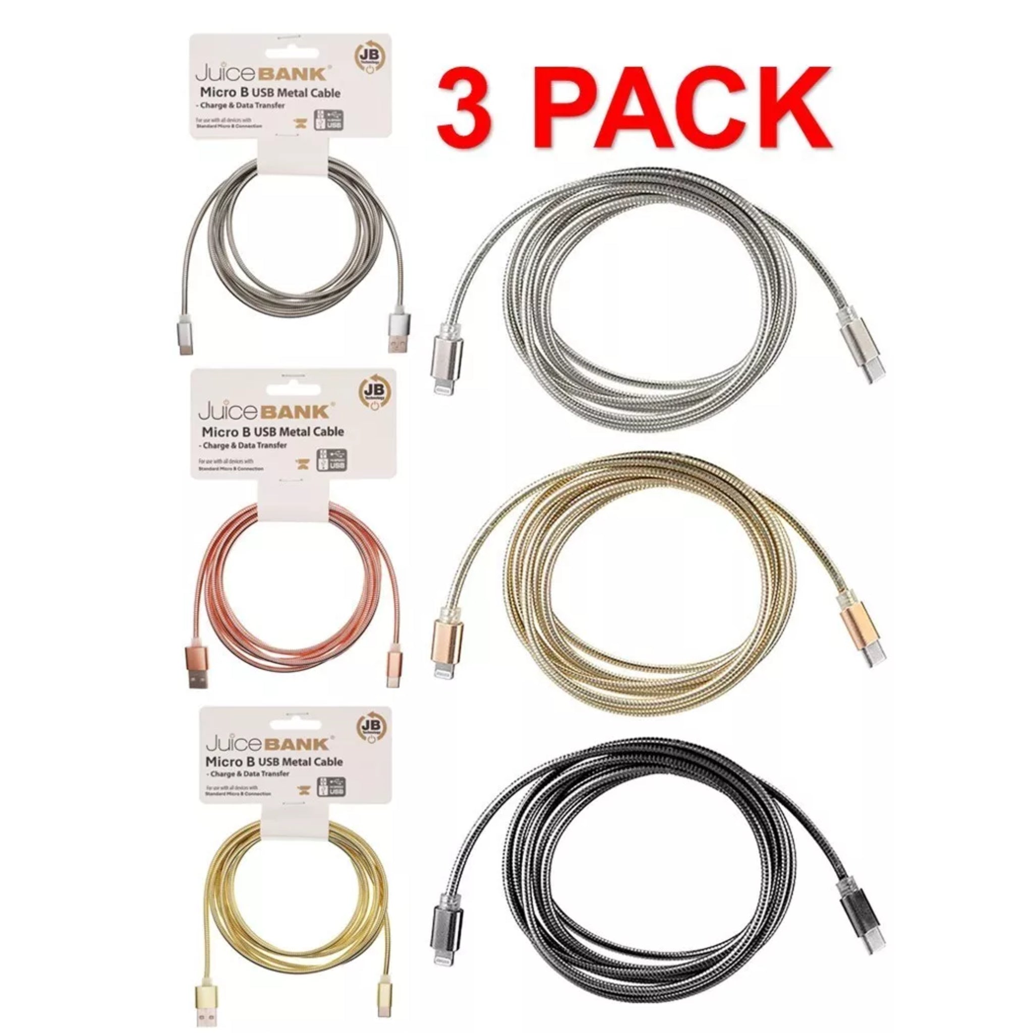 3 pack JuiceBank Micro B USB metal charging cables in copper, gold, and chrome – durable braided design for fast charge and data transfer